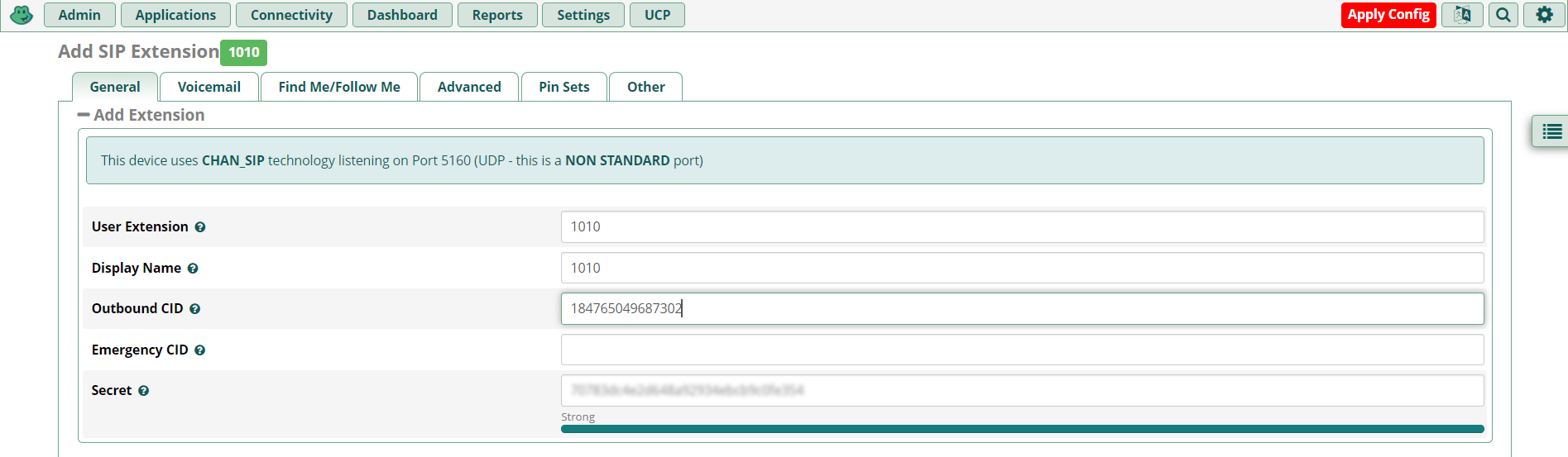 SIP extensions credentials page. 