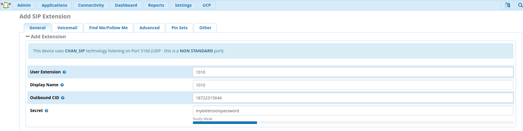FreePBX SIP extension configuration.