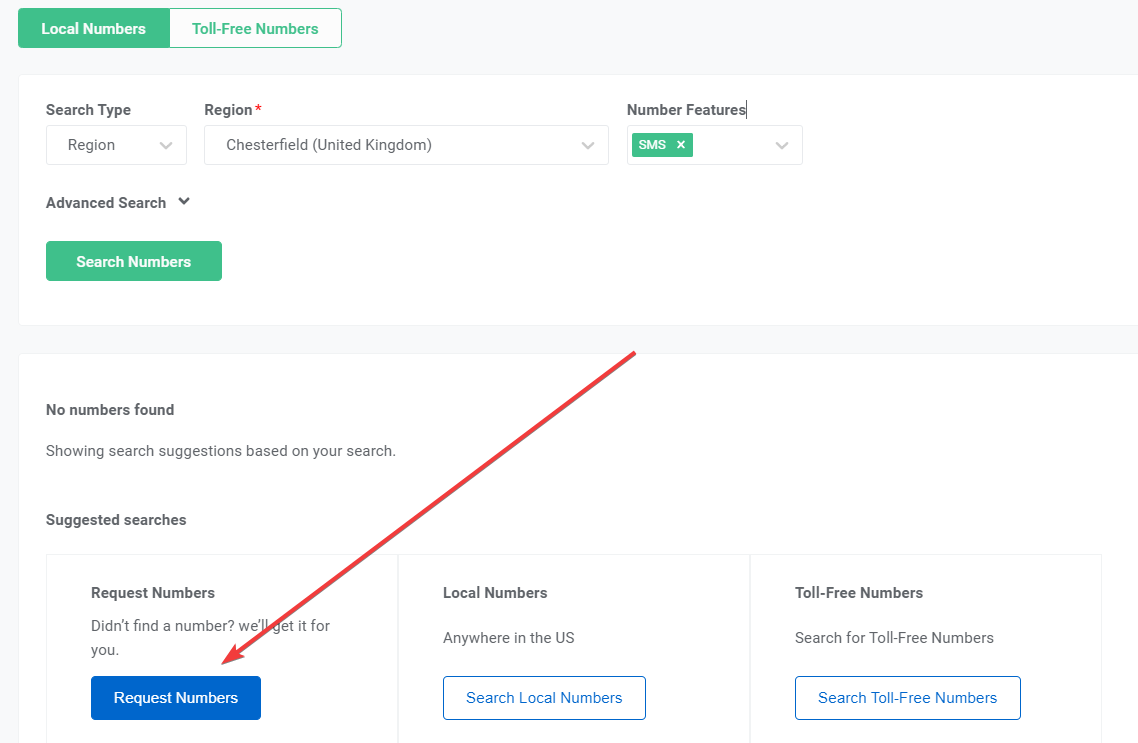 Numbering request portal section.