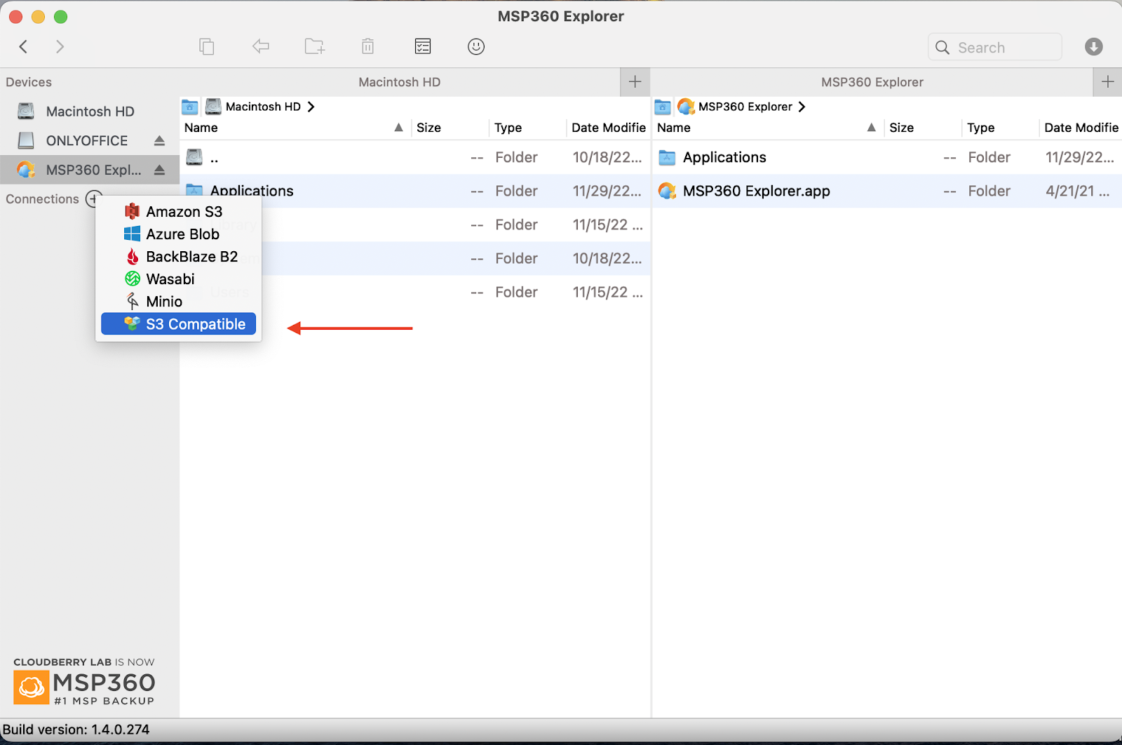MSP360 Cloudberry Explorer application options for choosing connection type.