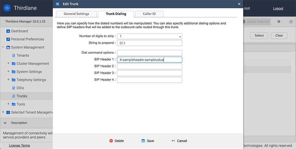 Configuring trunk dialing through Thirdlane PBX portal.