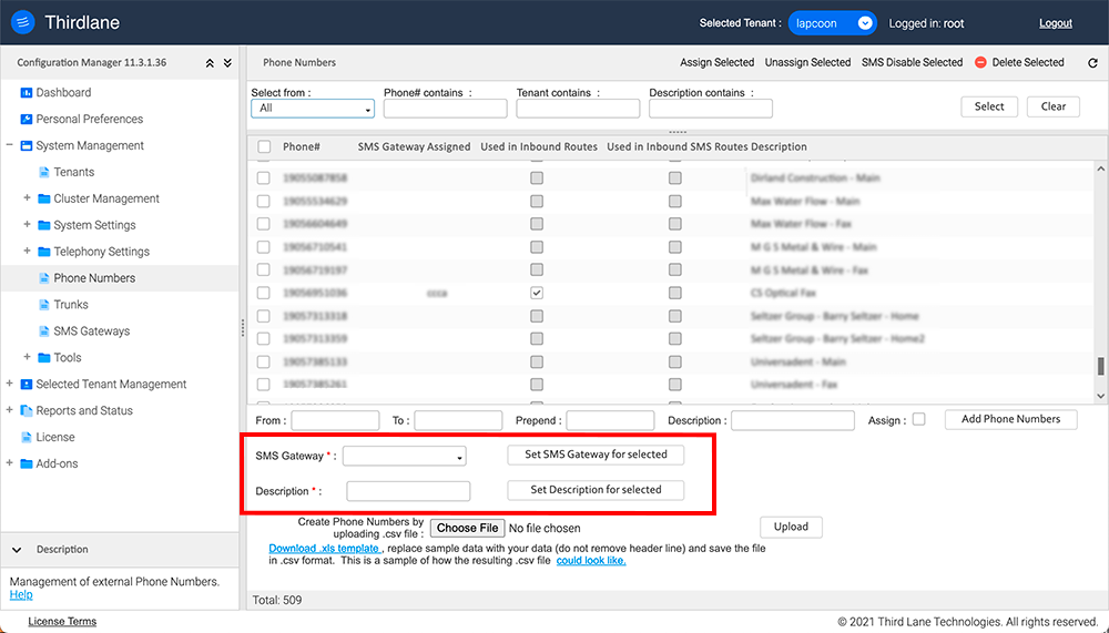 Interface for SMS enablement for your new numbers.