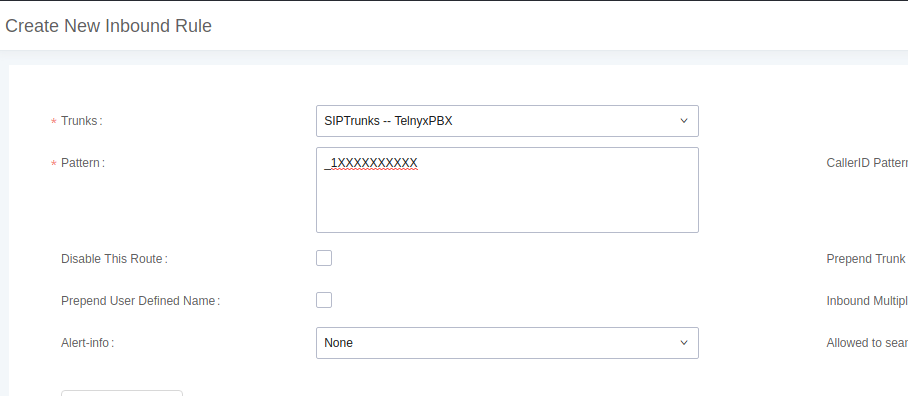 Inbound routes creation portal. 