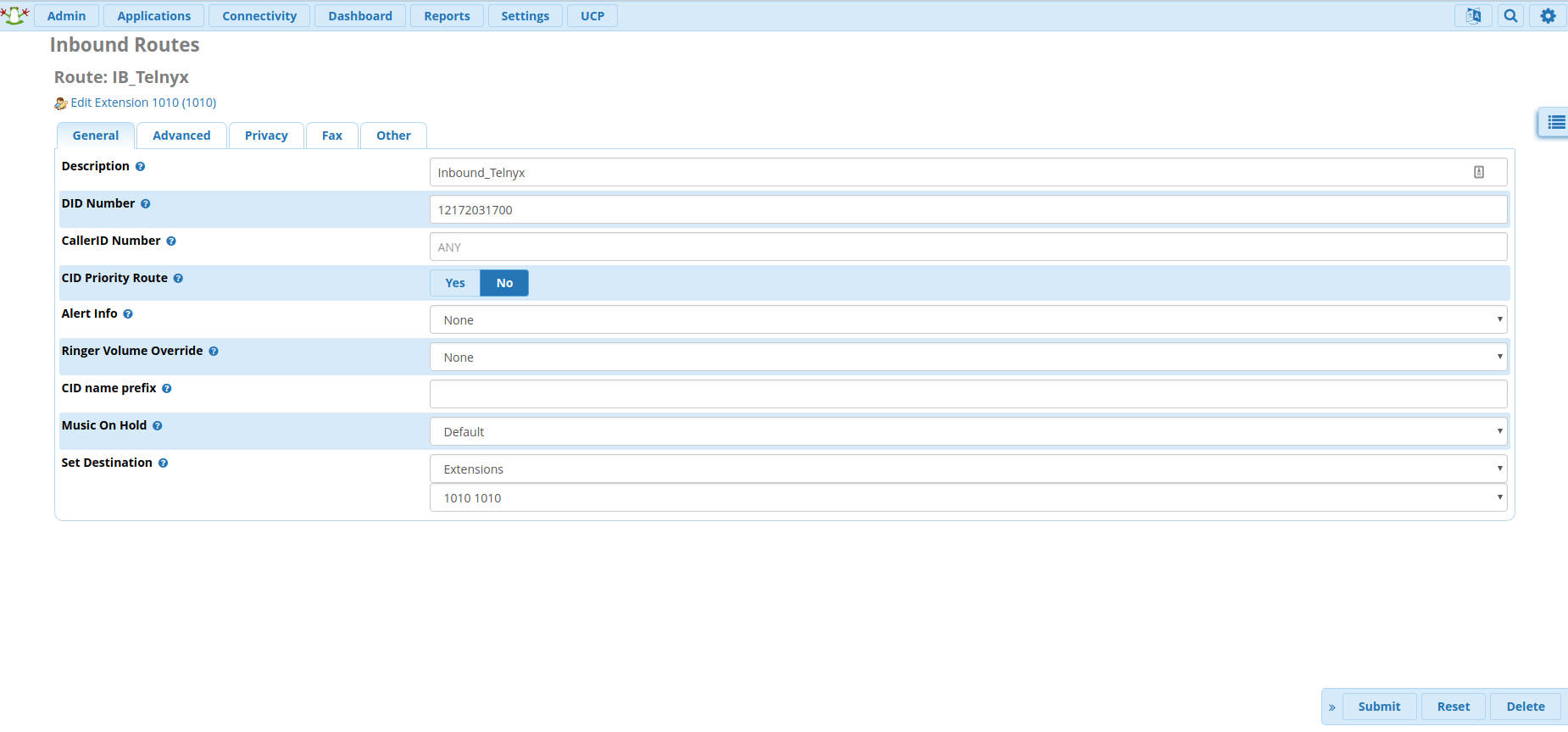 Inbound routes configuration tab.