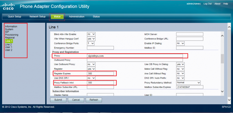 Voice tab of the phone adapter configuration utility interface 2.