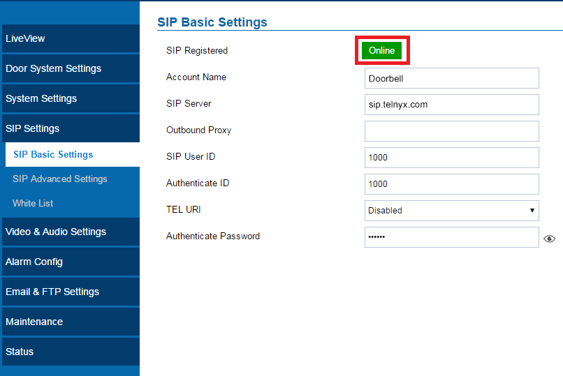 SIP Basic Settings section. 