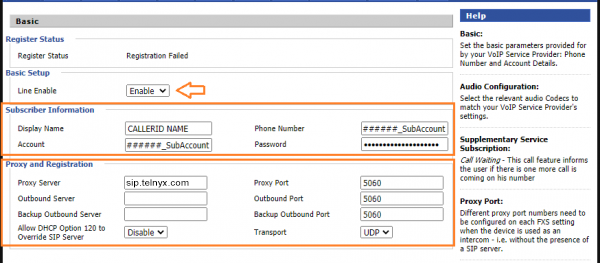 SIP account tab. 