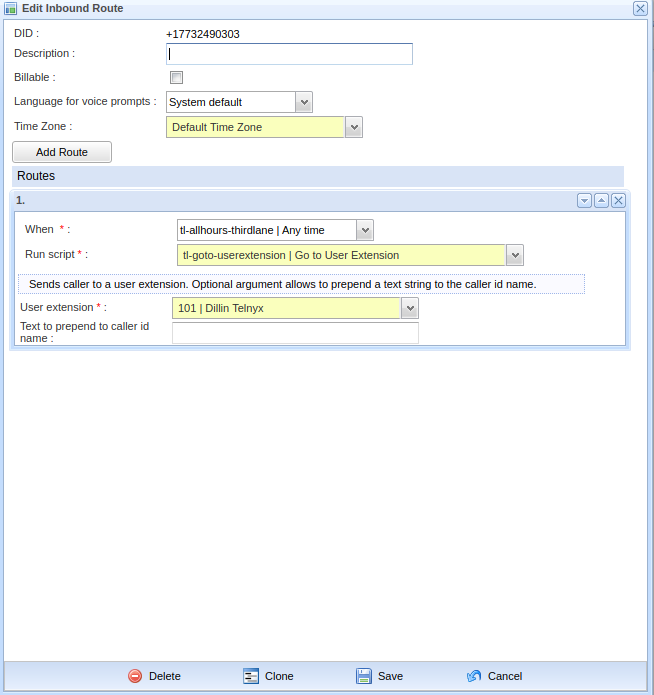 Selecting time based routes group for inbound routes.