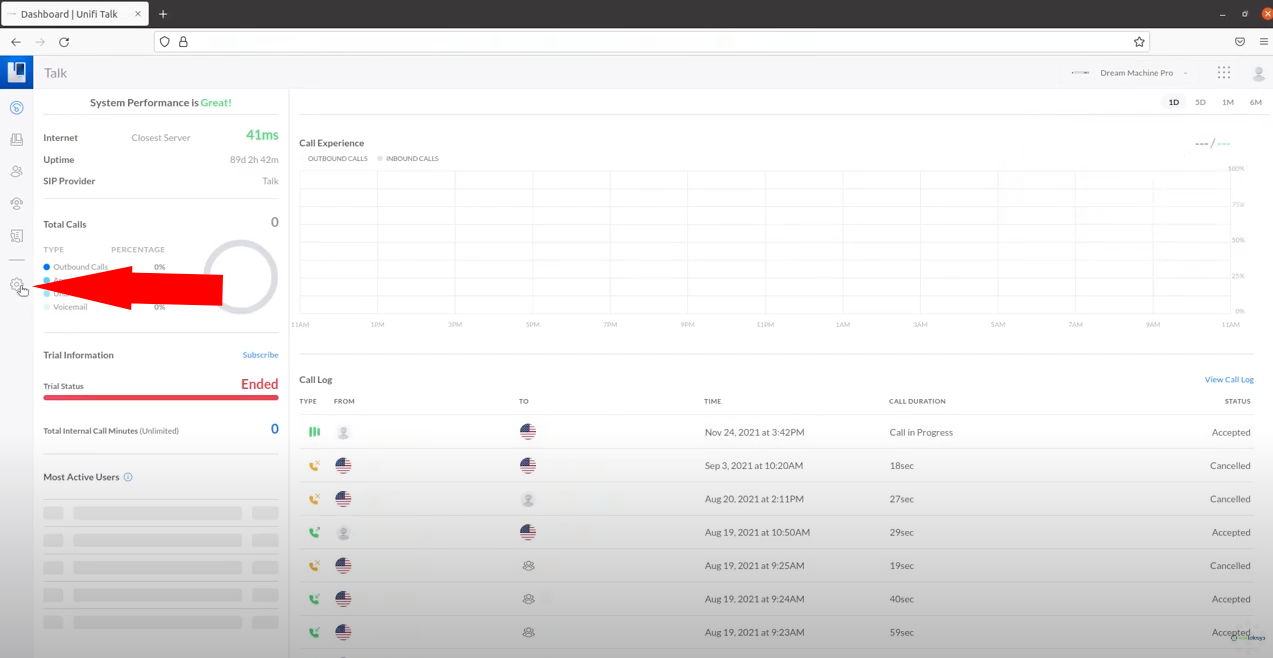 Settings section on the Unifi Talk dashboard. 