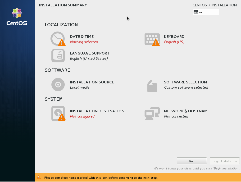 Centos installation summary page.