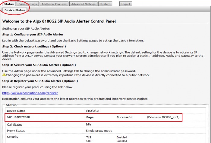 Device status screenshot.