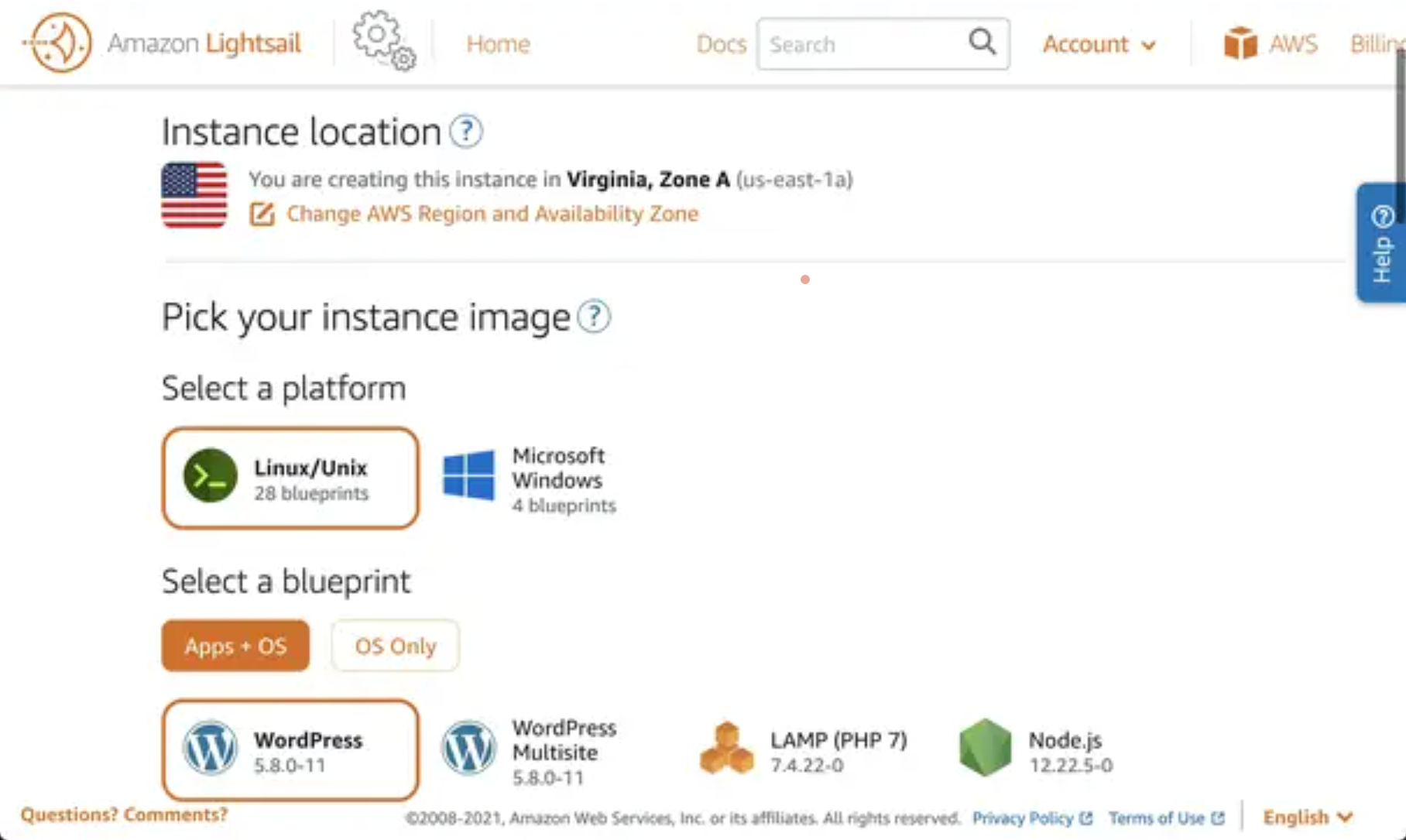 Amazon Lightsail for location settings.