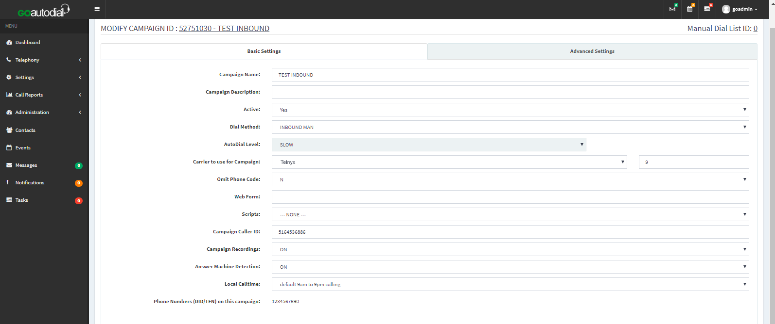 Campaign carrier and ID settings.