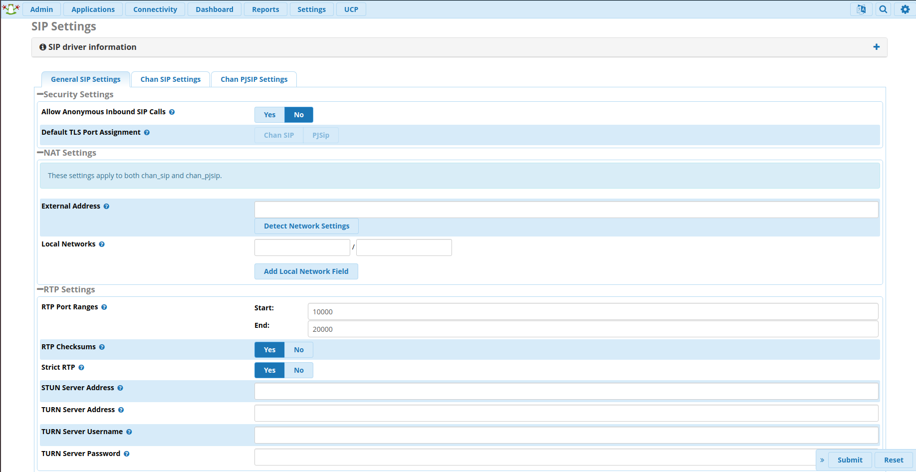 FreePBX SIP settings configuration.