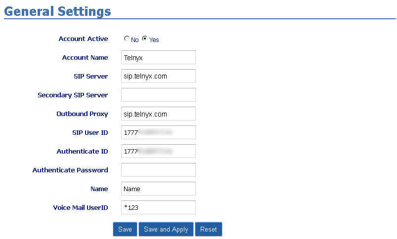 Account configuration in General Settings.