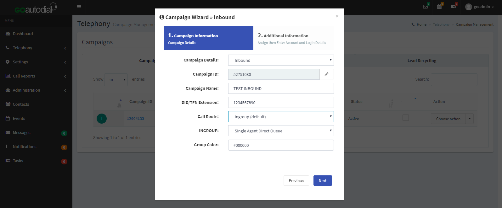 Campaign wizard to inbound page.