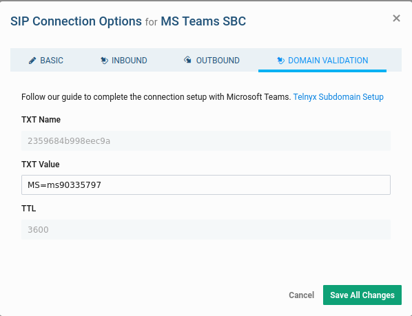 MS Teams settings in the SIP Connections tab.