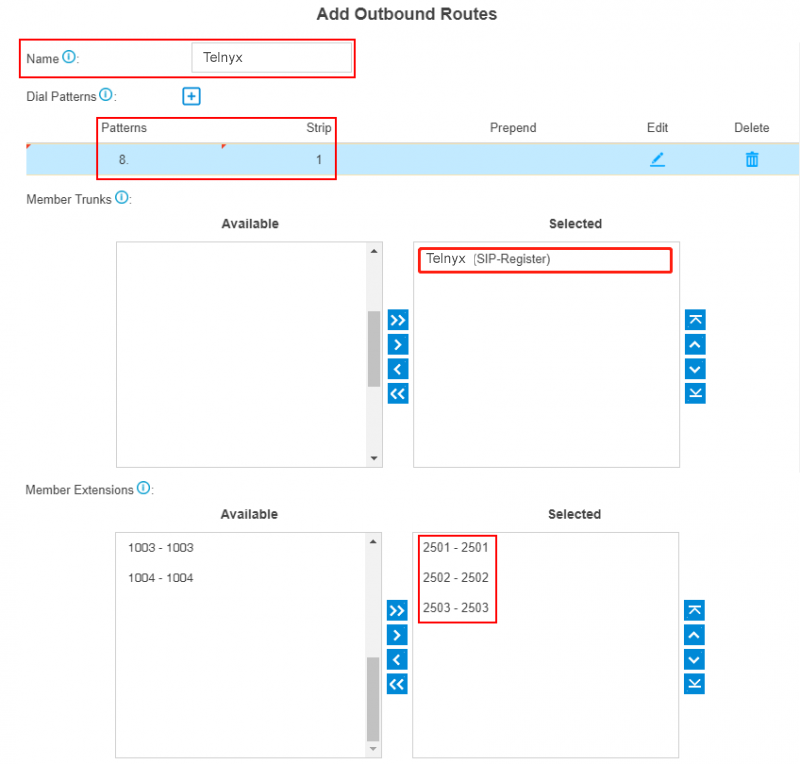 Outbound Routes addition page.
