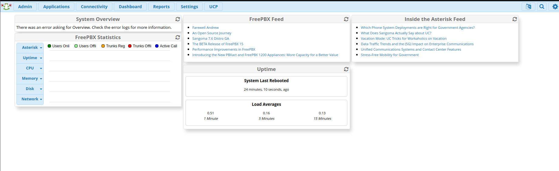 FreePBX system overview portal.