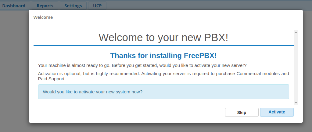 FreePBX welcome message page.