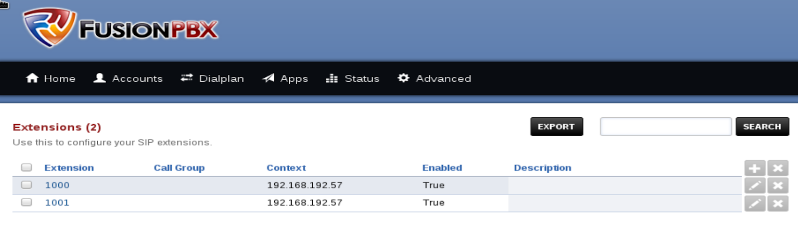 Extensions section of the FusionPBX portal. 