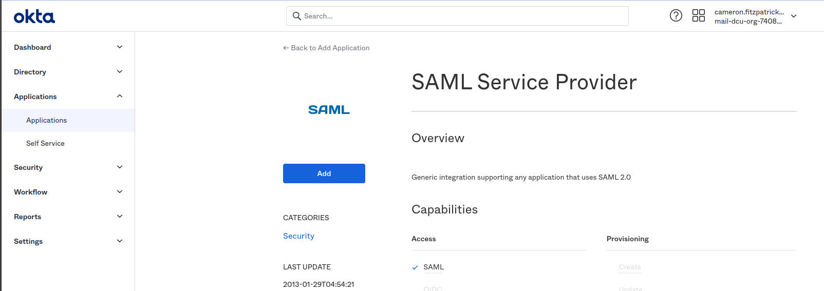 The blue Add button in for Okta.