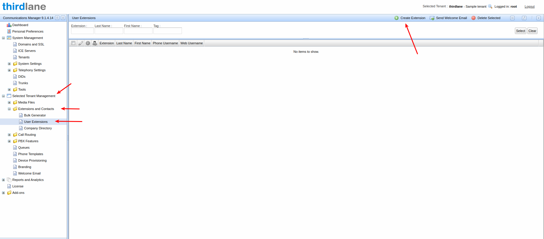 Page for creating extensions for your assigned numbers 1.