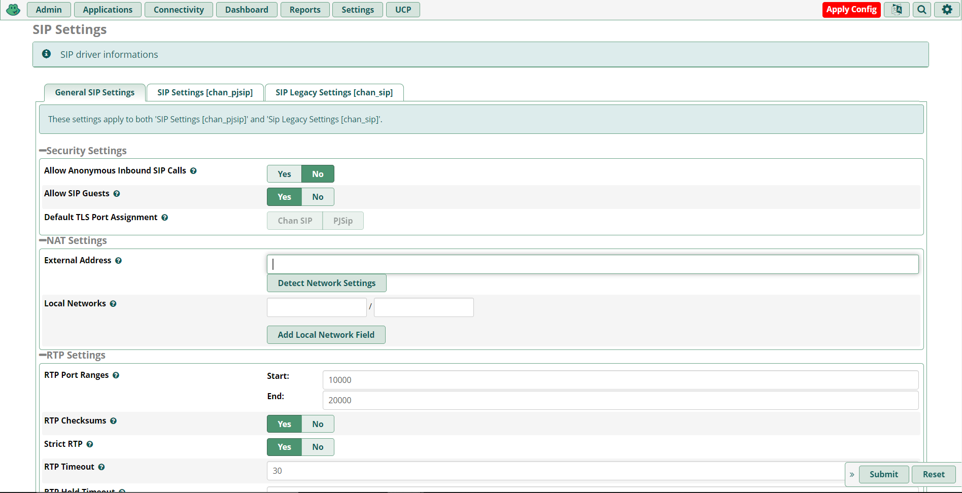 SIP settings page. 