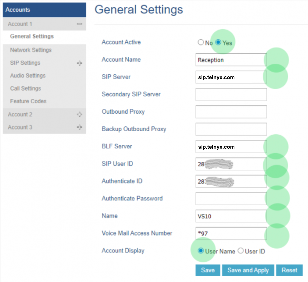 General settings section.