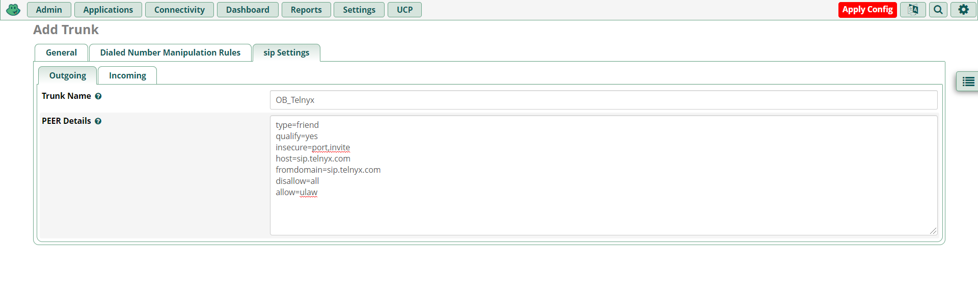 SIP settings tab. 