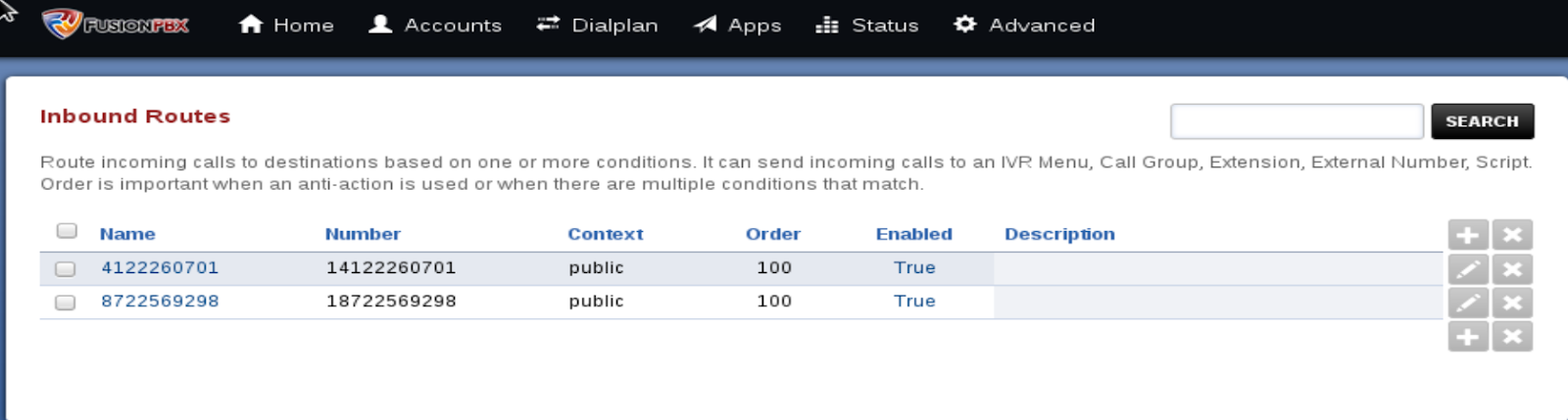 Inbound routes in the Dial Plan section. 