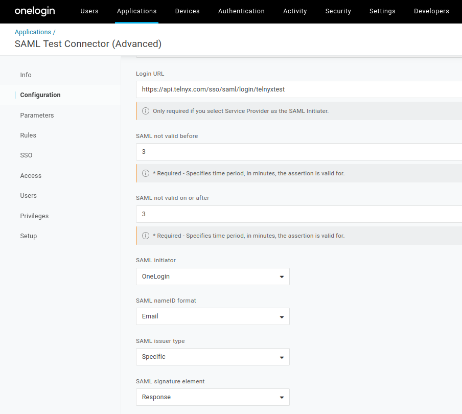 OneLogin configuration page.