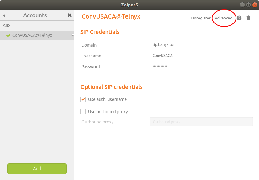 Advanced settings in the Accounts section. 