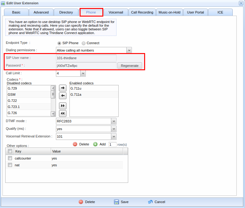 Page for creating extensions for your assigned numbers 4.