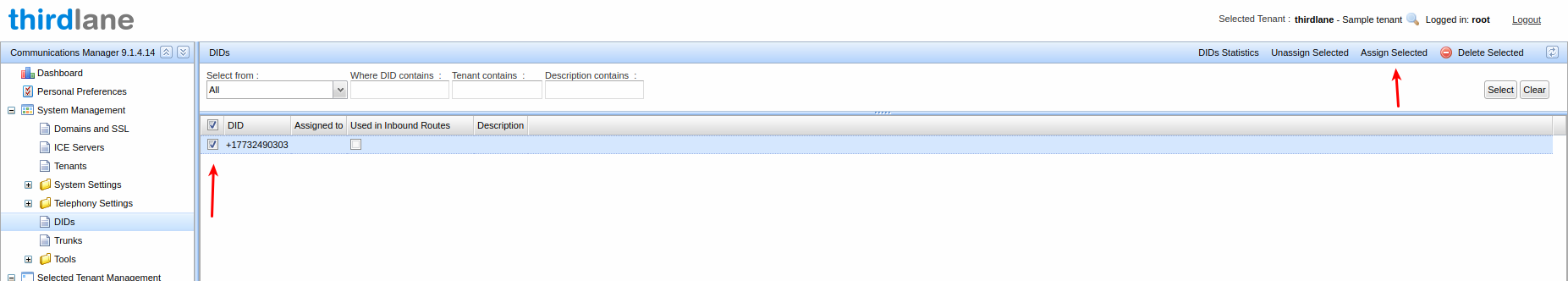 An interface for assigning selected DIDs.