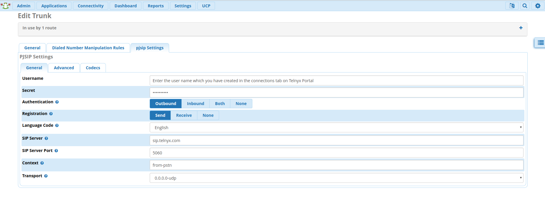 SIP settings page 1.