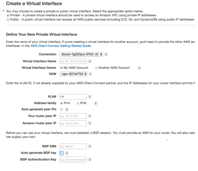 AWS direct connect console for creating virtual interface.
