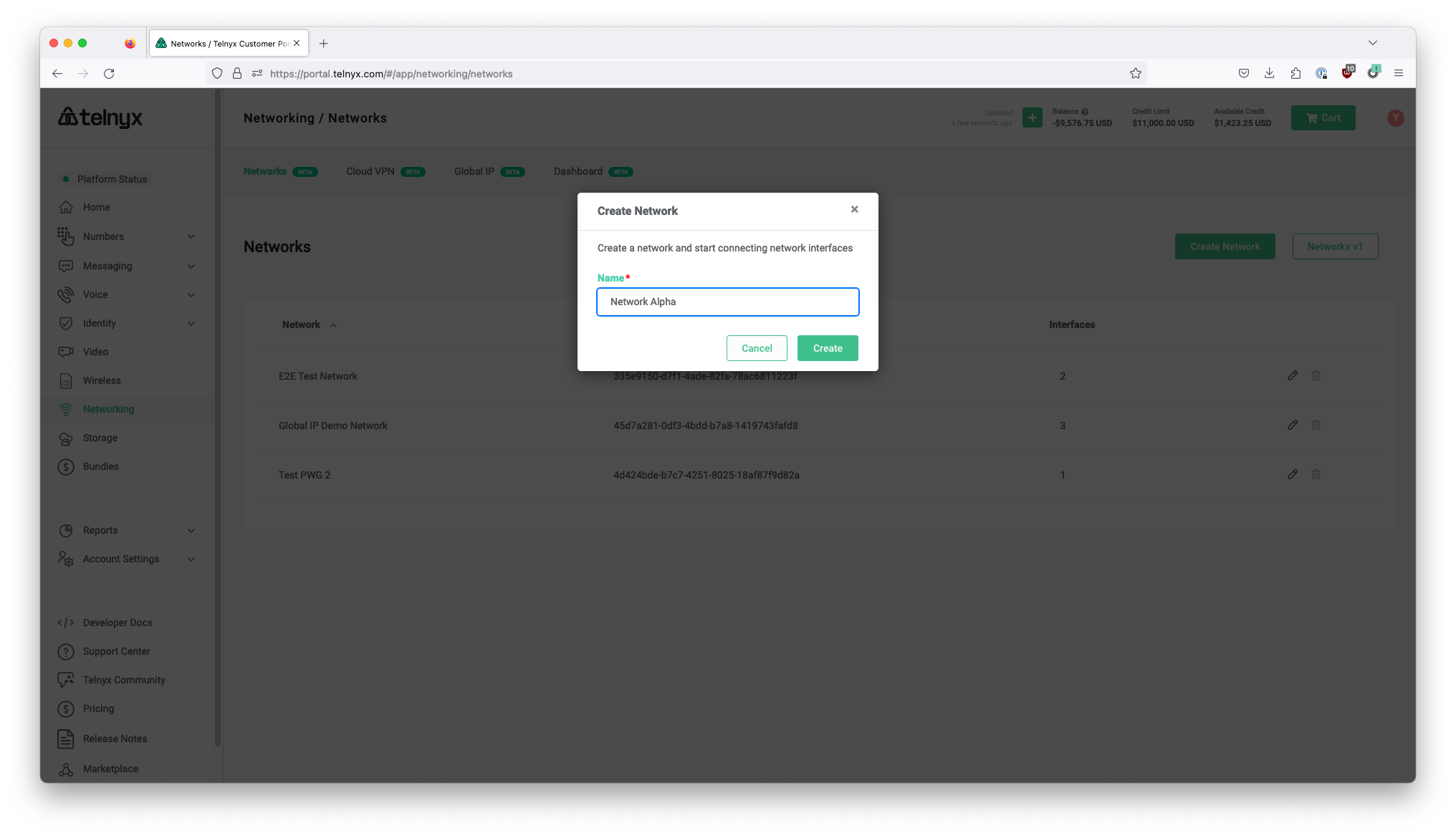 Network creation settings section.