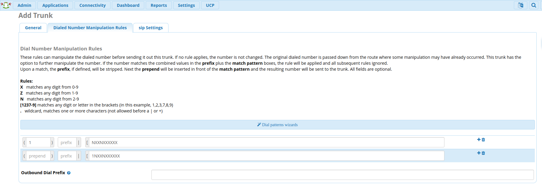 Dialed Number Manipulation Rules settings page.