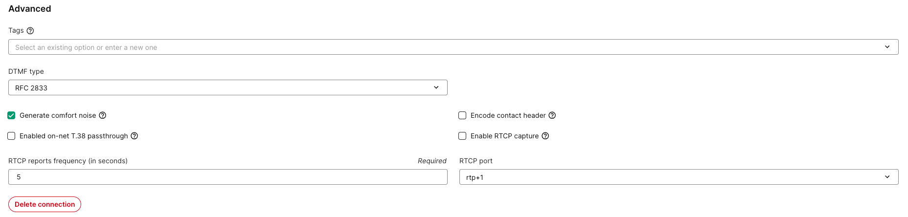 Generate comfort noise enabled in the SIP Connection Advanced Settings