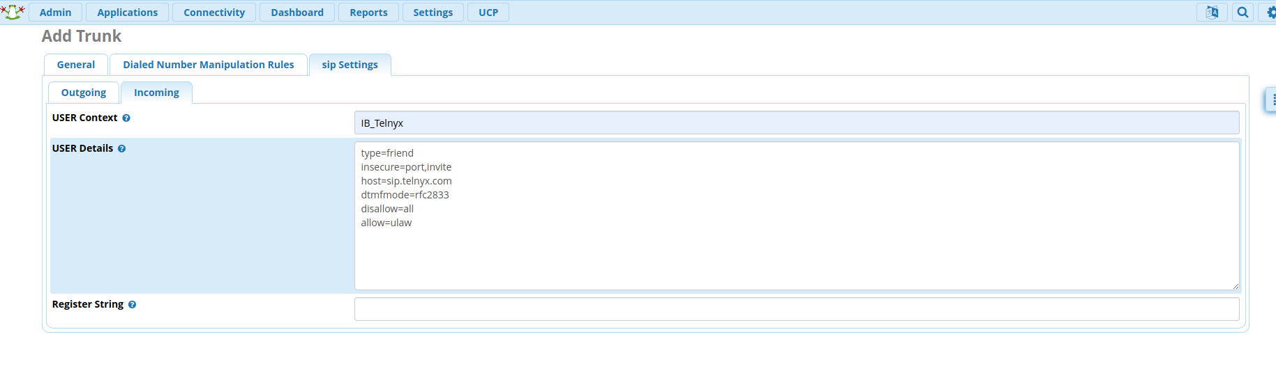 FreePBX Incoming sub-tab.