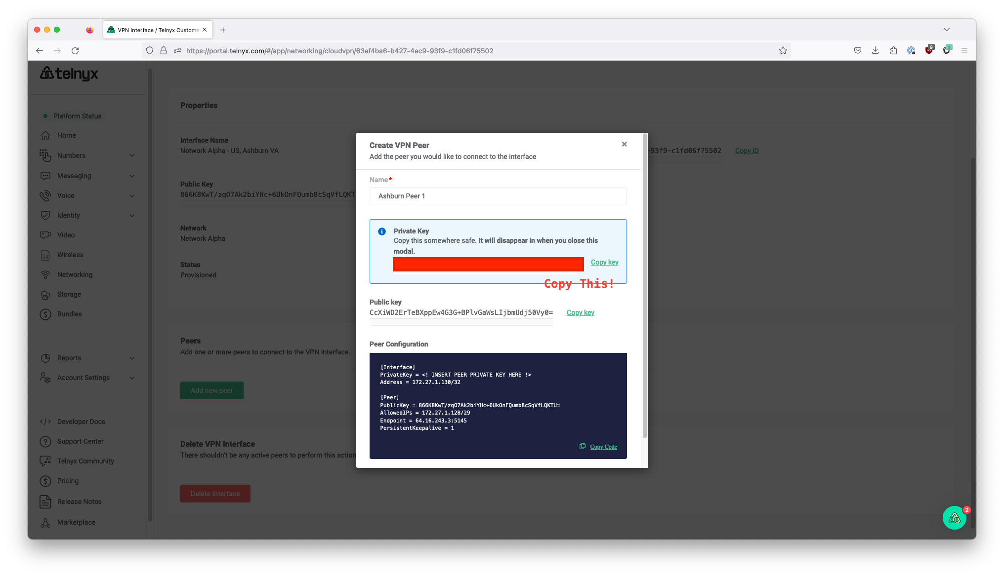 Wireguard interface section for private key.