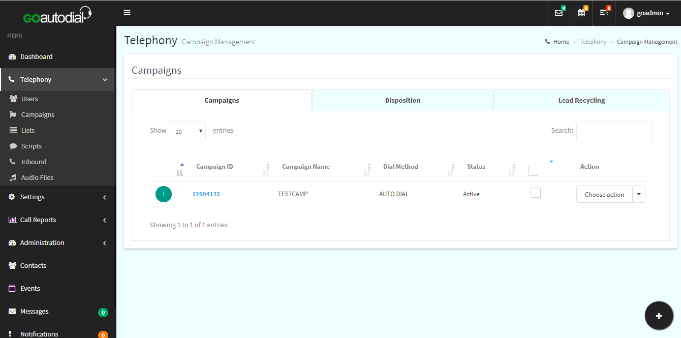 Portal for setting up an outbound campaign.