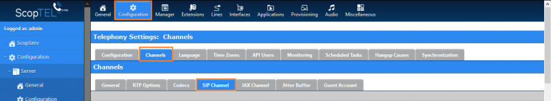 Configuration section of the ScopTEL portal.