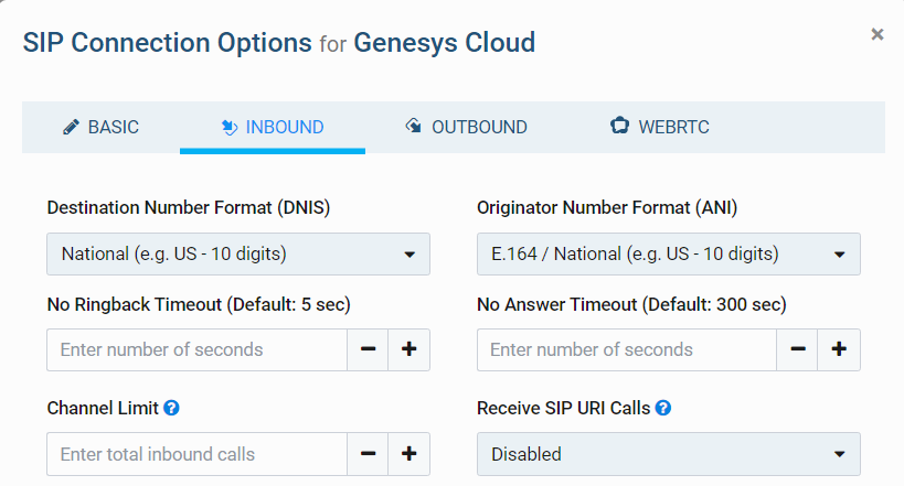 SIP connection settings for Genesys Cloud. 