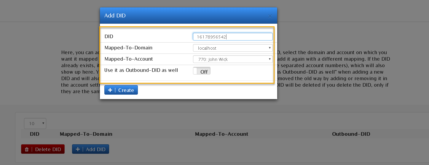 DID Management portal on the Vodia PBX.
