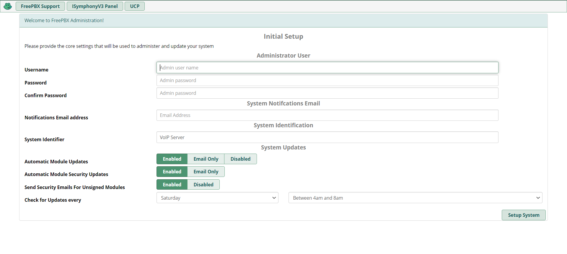 Initial Setup for FreePBX. 