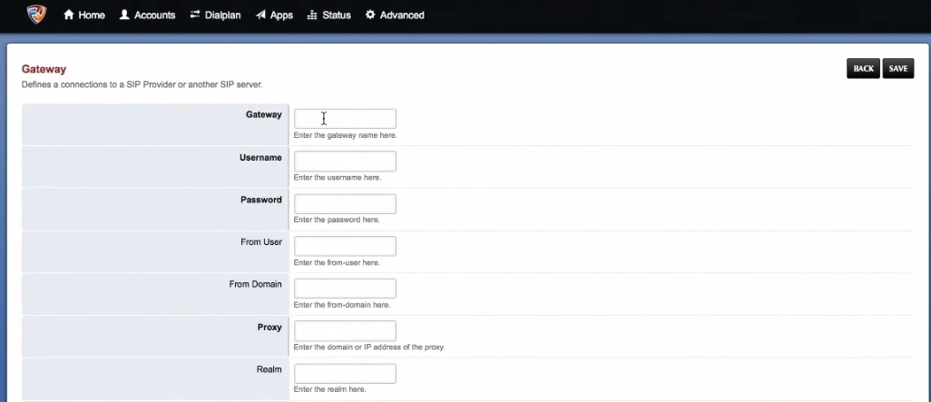 Accounts section on the FusionPBX portal. 