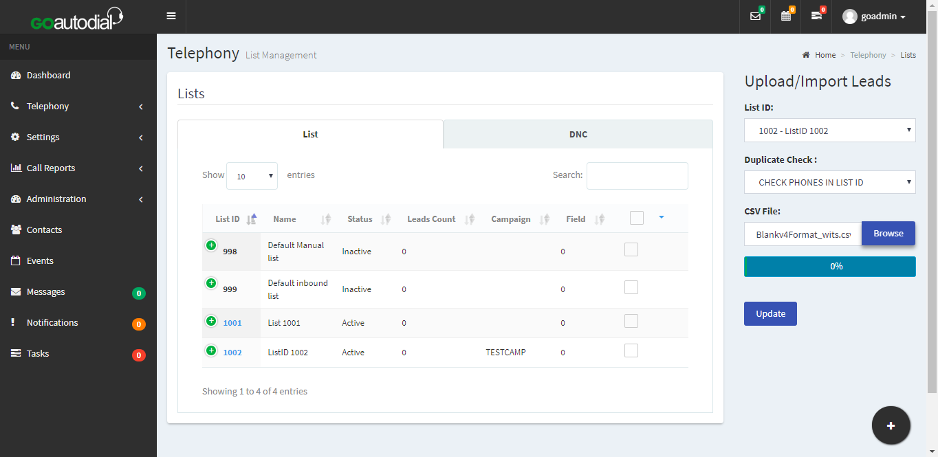 Interface for importing list of call leads.