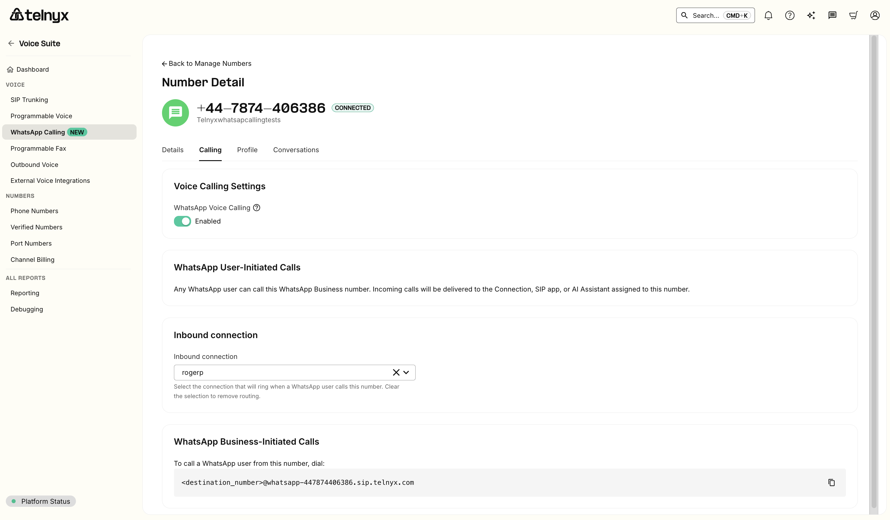 Calling tab for a BYON number, showing WhatsApp Voice Calling enabled and the Inbound connection dropdown